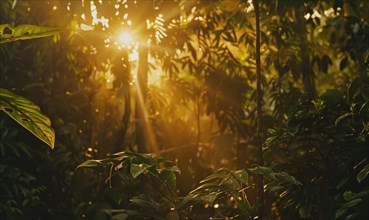 Golden sunlight filtering through dense tropical foliage AI generated
