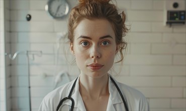 A calm female medical worker with a stethoscope in a clinical setting is portrayed AI generated