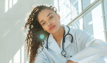 A female doctor in a sunlit room poses confidently with a stethoscope and white coat AI generated