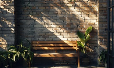 Sunlight casting shadows on a bench against a brick wall with greenery AI generated