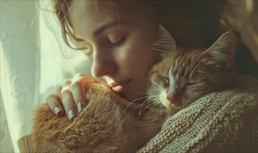 Woman in a tranquil nap with a cat in a cozy setting AI generated