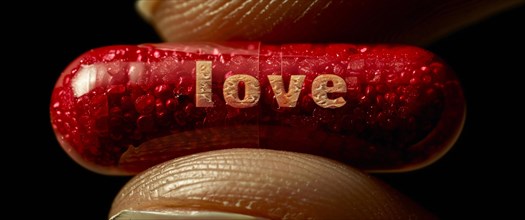 An embossed 'love' inscription on a red pill held close-up between fingers, AI generated