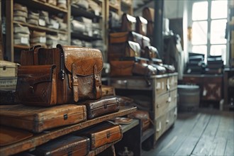Assorted vintage leather bags and suitcases neatly arranged on shelves in a workshop, AI generated