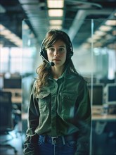Focused young woman wearing a headset in a modern office setting with teal ambient lighting, AI