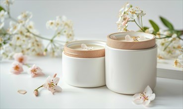 Two creme jar blank mockups adorned with delicate flower petals AI generated