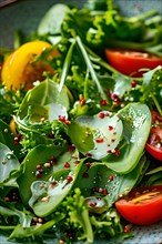 Cascade of salad dressing enhancing a fresh vegetable medley, AI generated