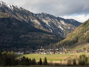 Mountain panorama and small village, Oberort, municipality of Tragoess-St. Katharein, Styria,