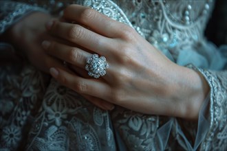 Close-up of hands adorned with a luxurious engagement ring and traditional attire, AI generated