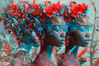 Anaglyph image of a woman with vibrant floral decorations and eyeglasses, creating a 3D effect,