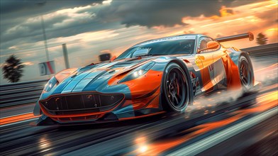 Blue and orange racing car in high-speed action on a racetrack, AI generated