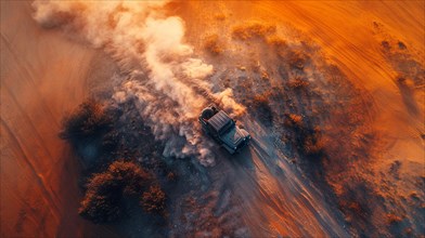A jeep travels down a dusty road at sunset, enveloped in a cloud of dust, ai generated, AI