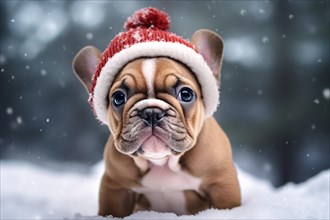 French Bulldog dog with red knitte dhat in snow. KI generiert, generiert, AI generated