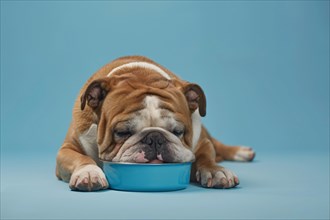 Funny English Bulldog dog falling asleep with head in pet bowl in front of blue studio background.