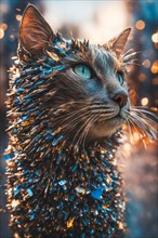 A cat with striking blue eyes covered in glitter against a bokeh background, ray tracing 3d