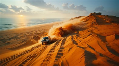 An SUV racing down a steep yellow sand dune creating a dynamic cloud of dust, action sports