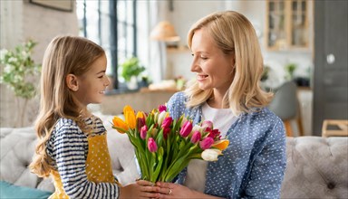 A little girl presents her smiling mother with a colourful bouquet of tulips in the cosy living