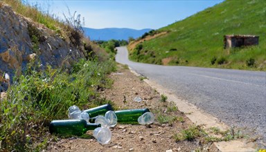 There are some empty glass bottles on the roadside, some broken, pollution, AI generated, AI