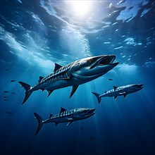 Barracudas gliding through open ocean in a tight formation menacing sleekness, AI generated, deep