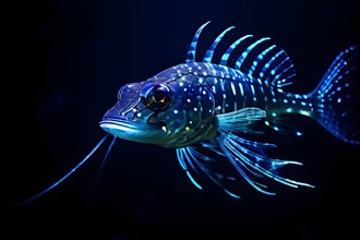 Viperfish swimming in deep ocean depths with bioluminescent spots emanating a ghostly luminescence,