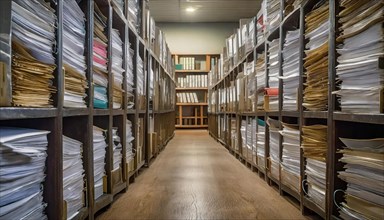Interior view of an archive with shelves full of files and stacks of paper, bureaucracy symbol, AI