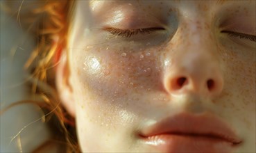 Peaceful close-up of a face with water droplets and freckles, bathed in sunlight AI generated