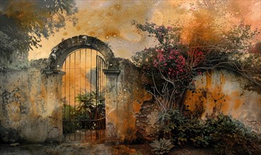Artistically textured view of a historical gate with lush plants AI generated