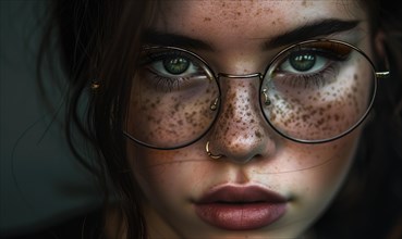 Close-up portrait of a woman with freckles wearing glasses, intense gaze, on a dark background AI