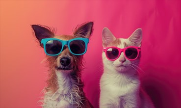 A quirky dog and cat duo sporting colorful sunglasses against a pink background AI generated