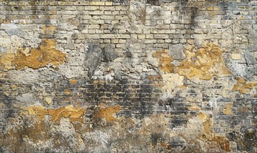 An aged and eroded brick wall with a collage of beige tones and textures AI generated