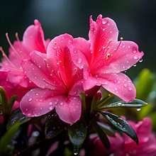 Pink azalea flowers with raindrops vibrant green springtime, AI generated