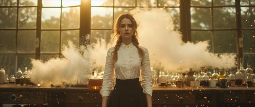 Woman in a white shirt amidst dramatic smoke in a vintage laboratory, AI generated