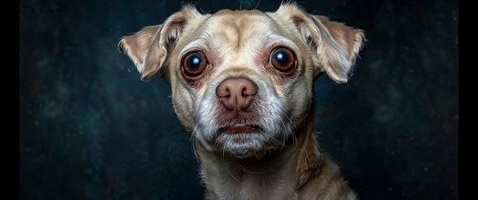 Close-up portrait of a dog with big, expressive eyes against a dark background, AI generated