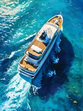 Digital painting of aerial view featuring a cruise ship slicing through the caribbean sea, AI