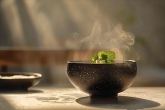 Steaming bowl of soup garnished with a fresh herb in the soft morning light, AI generated
