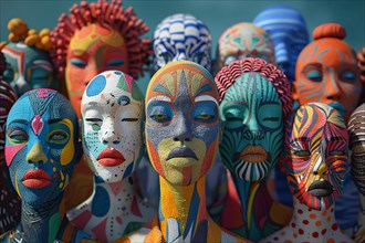 Artistically painted sculptures with patterned face art emphasizing cultural diversity,