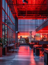 A modern office space illuminated with a vivid red hue overlooking an urban cityscape at sunset, AI