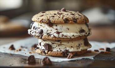 Ice cream sandwich with cookie crunch, closeup AI generated