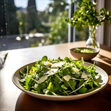 Arugula and parmesan salad elegance captured in simplicity perched on a bistro table, AI generated