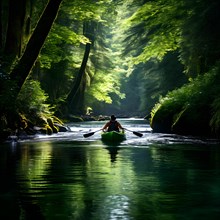 Kayaker in synergy with the gentle current meanders through the heart of a lush green forest, AI
