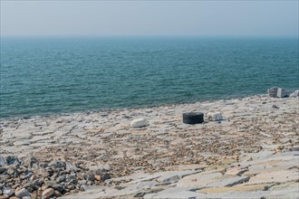 Wide view of a rocky coast polluted with waste and a tire, in South Korea