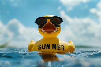 Cute yellow rubber duck with goggles and text 'Summer' swimming in water, KI generiert, generiert,