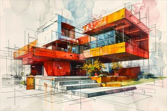 Artistic watercolor painting of a modern structure with vivid floating red boxes and abstract