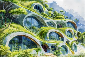 Nature-infused architecture with organic design, abundant greenery in a watercolor style, AI
