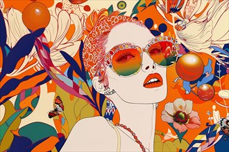 Vibrant and psychedelic portrait of a woman with floral motifs and butterflies, illustration, AI