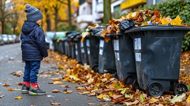 Child standing beside a row of garbage bins on a sidewalk covered with autumn leaves, waste