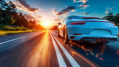 White atmospheric sports car speeding on a road with a vibrant sunrise sky, AI generated