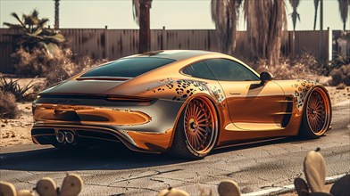 Golden hour lighting on an animal print sports car near palm trees, AI generated