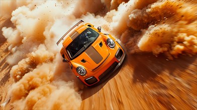 Dynamic image of a rally orange sports car kicking up dust and sand while off-roading and racing,