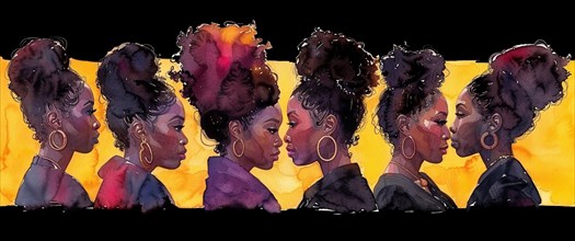 A row of women silhouettes in watercolor, with detailed hairstyles and earrings, banner 3:1 wide