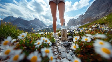Looking down on hiker's feet on a trail with white mountain flowers, AI generated